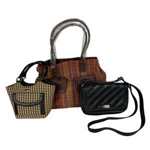 3 Longaberger, Plaid & Houndstooth Totes + Black Crossbody Woven Leather Signed